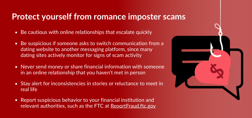 Protect yourself from romance imposter scams. Be cautious with online relationships that escalate quickly. Be suspicious if someone asks to switch communication from a dating website to another messaging platform, since many dating sites actively monitor for signs of scam activity. Never send money or share financial information with someone in an online relationship that you haven’t met in person. Stay alert for inconsistencies in stories or reluctance to meet in real life. Report suspicious behavior to your financial institution and relevant authorities, such as the FTC at ReportFraud.ftc.gov.